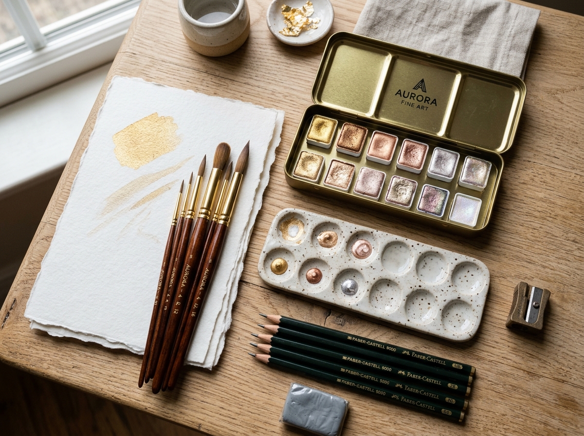EUNICRA Shimmering Metallic Watercolors, Sable Brushes, and Deckled-Edge Art Paper